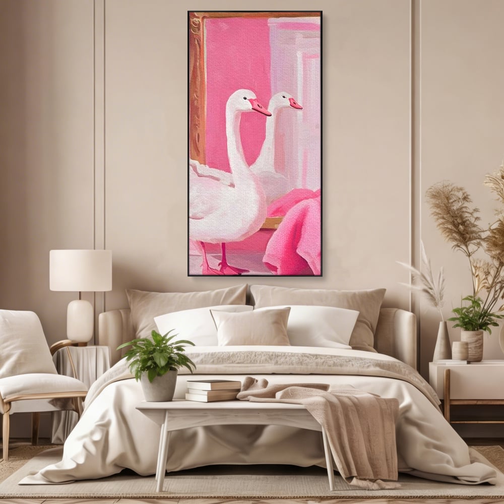 Tablou canvas cu tablou canvas cu lebada in oglinda, in rama de aluminiu negru, pe perete intr-un dormitor